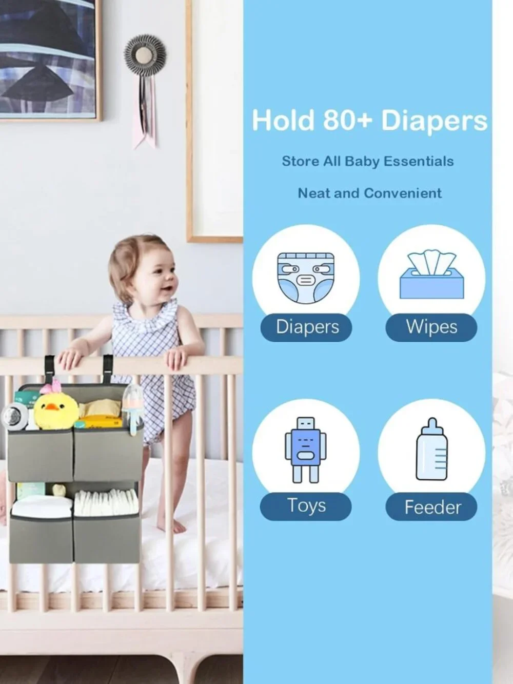 Hanging Diaper Organizer for Nursery - Holds 80+ Diapers, 4 Deep Pockets, Gray